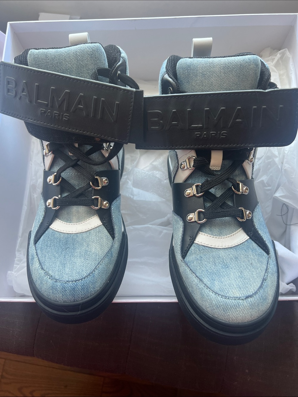 Balmain Light Blue Denim and Black High-Top Sneakers